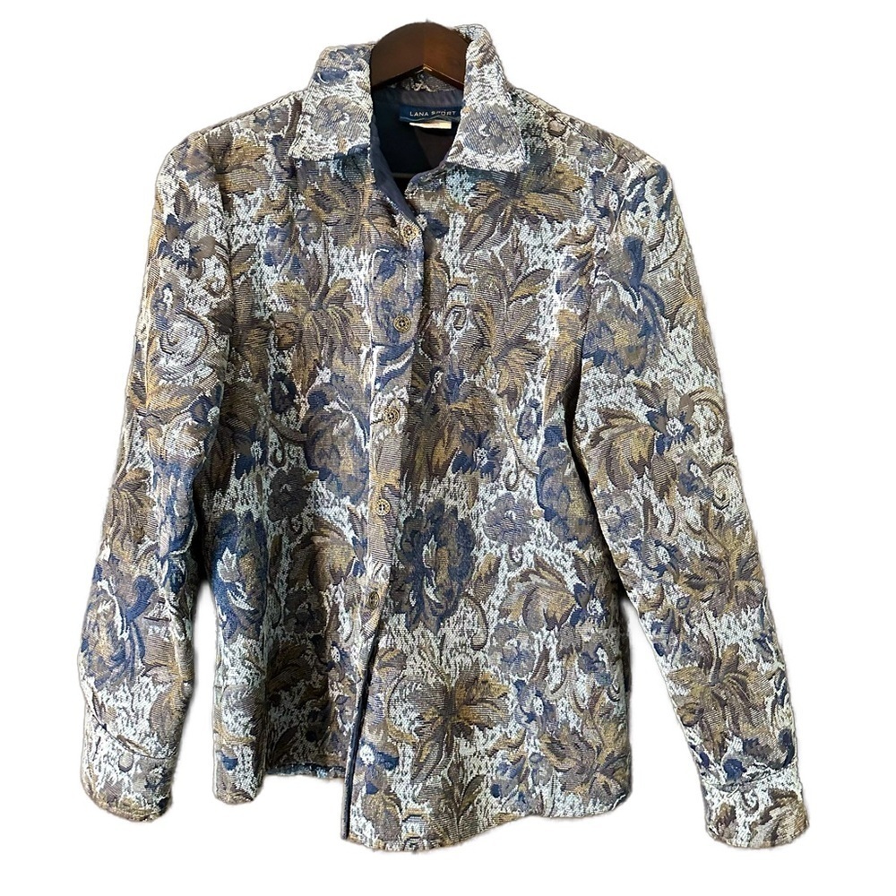 Vintage Lana Sport Women’s Blue Grey Tapestry Floral Silver Buttons Jacket Sz 12